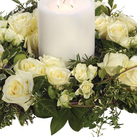 OW33 White Rose Wreath and Candle - Funeral Flowers London